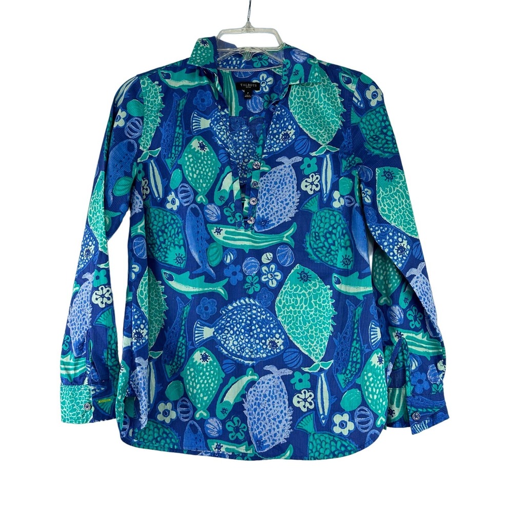 Talbots Pullover Top Size SP Petite Blue Green Fish Long‎ Sleeve Henley Cotton